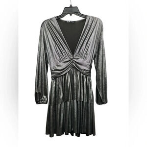 Zara Silver Metallic Tiered Ruffle Stretch Mini Dress Size Small